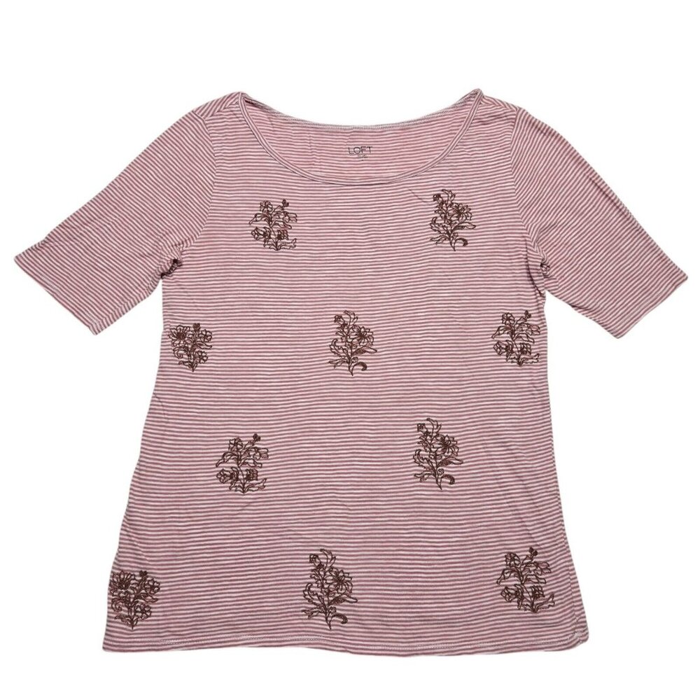 Loft Top Womens Small Pink‎ Embroidered Floral Striped Short Sleeve 35 in Chest